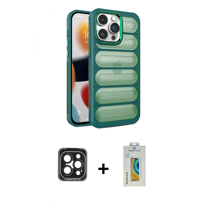 MARSİLYAN™- iPhone 15 Pro Max Kılıf Yadigar Doku Özel Seri - Siyah Polymer Nano Ekran Koruyucu + PVD Metal Kamera Lens - SH