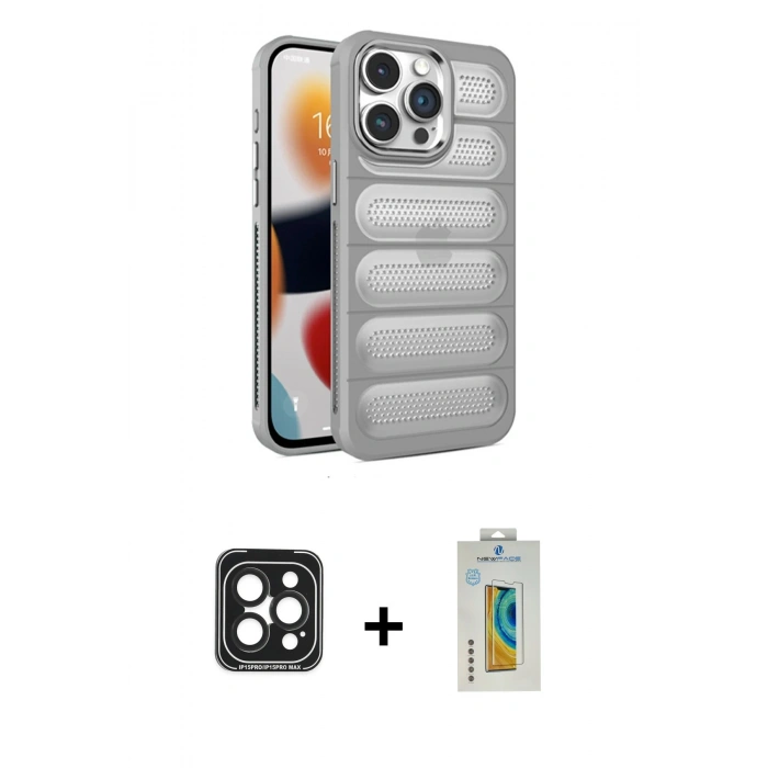 MARSİLYAN™- iPhone 15 Pro Max Kılıf Yadigar Doku Özel Seri - Siyah Polymer Nano Ekran Koruyucu + PVD Metal Kamera Lens - SH