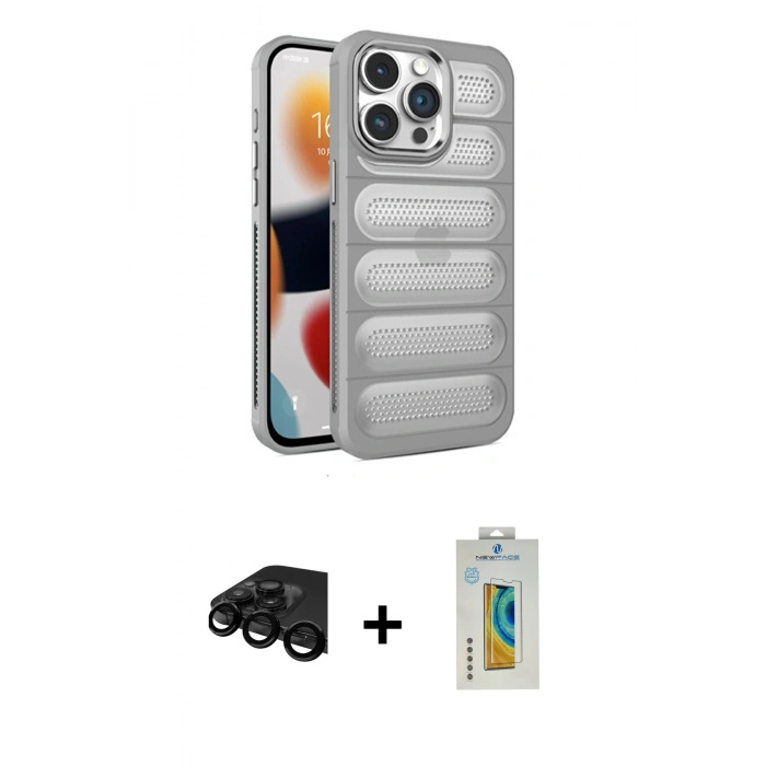 MARSİLYAN™- iPhone 15 Pro Max Kılıf Yadigar Doku Özel Seri - Siyah Polymer Nano Ekran Koruyucu + Raze Metal Kamera Lens - SH