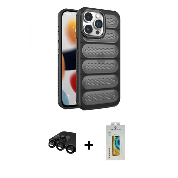MARSİLYAN™- iPhone 15 Pro Max Kılıf Yadigar Doku Özel Seri - Siyah Polymer Nano Ekran Koruyucu + Raze Metal Kamera Lens - SH