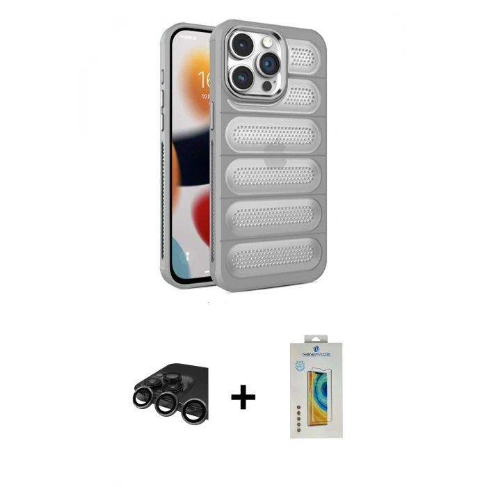 MARSİLYAN™- iPhone 15 Pro Max Kılıf Yadigar Doku Özel Seri - Siyah Polymer Nano Ekran Koruyucu + Titanyum Gri Raze Metal Kamera Lens