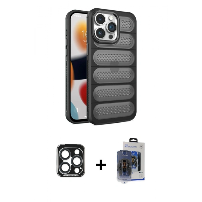 MARSİLYAN™- iPhone 15 Pro Max Kılıf Yadigar Doku Özel Seri - Siyah Vanessa Magic Cam + Lacivert PVD Metal Kamera Lens