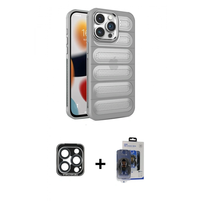 MARSİLYAN™- iPhone 15 Pro Max Kılıf Yadigar Doku Özel Seri - Siyah Vanessa Magic Cam + Lacivert PVD Metal Kamera Lens