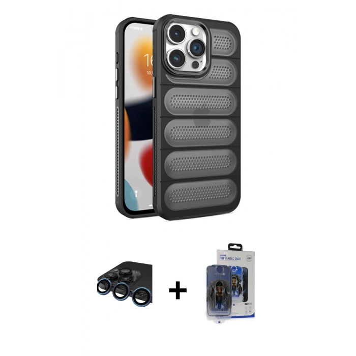 MARSİLYAN™- iPhone 15 Pro Max Kılıf Yadigar Doku Özel Seri - Siyah Vanessa Magic Cam + Raze Metal Kamera Lens - LT