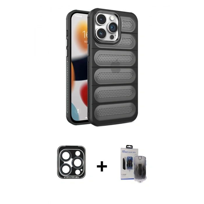 MARSİLYAN™- iPhone 15 Pro Max Kılıf Yadigar Doku Özel Seri - Siyah Vanessa Magic Hayalet Cam + PVD Metal Kamera Lens - LT