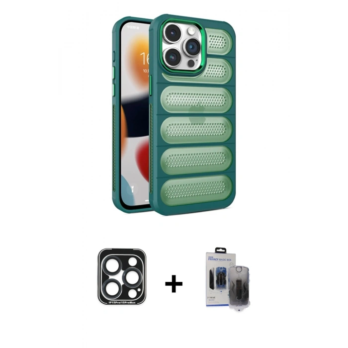 MARSİLYAN™- iPhone 15 Pro Max Kılıf Yadigar Doku Özel Seri - Siyah Vanessa Magic Hayalet Cam + PVD Metal Kamera Lens - LT