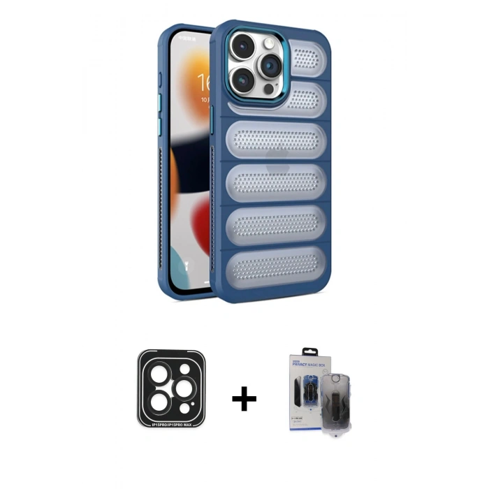 MARSİLYAN™- iPhone 15 Pro Max Kılıf Yadigar Doku Özel Seri - Siyah Vanessa Magic Hayalet Cam + PVD Metal Kamera Lens - SH