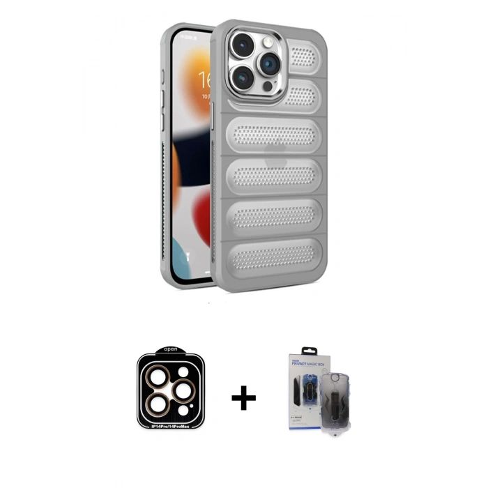 MARSİLYAN™- iPhone 15 Pro Max Kılıf Yadigar Doku Özel Seri - Siyah Vanessa Magic Hayalet Cam + PVD Metal Kamera Lens - TU