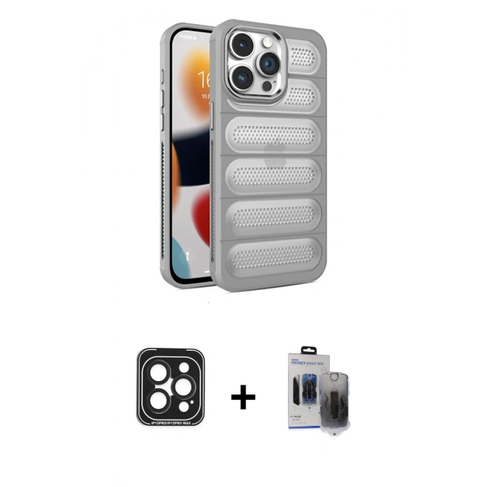 MARSİLYAN™- iPhone 15 Pro Max Kılıf Yadigar Doku Özel Seri - Siyah Vanessa Magic Hayalet Cam + PVD Metal Kamera Lens - SH