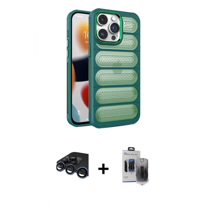 MARSİLYAN™- iPhone 15 Pro Max Kılıf Yadigar Doku Özel Seri - Siyah Vanessa Magic Hayalet Cam + Raze Metal Kamera Lens - LT
