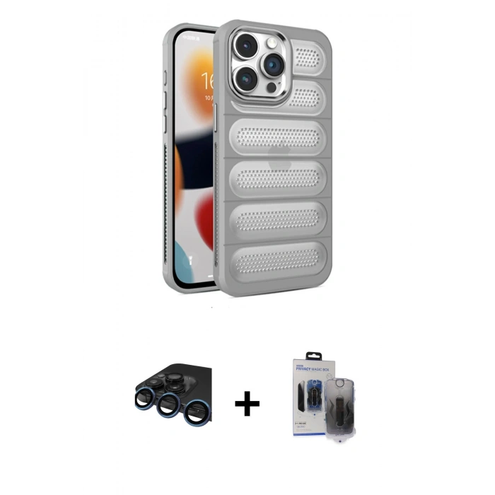 MARSİLYAN™- iPhone 15 Pro Max Kılıf Yadigar Doku Özel Seri - Siyah Vanessa Magic Hayalet Cam + Raze Metal Kamera Lens - LT