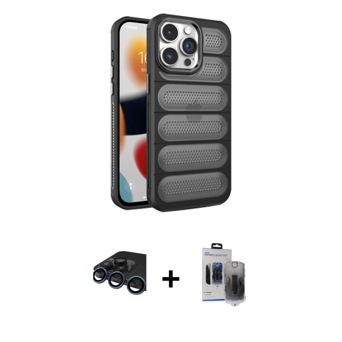 MARSİLYAN™- iPhone 15 Pro Max Kılıf Yadigar Doku Özel Seri - Siyah Vanessa Magic Hayalet Cam + Raze Metal Kamera Lens - LT