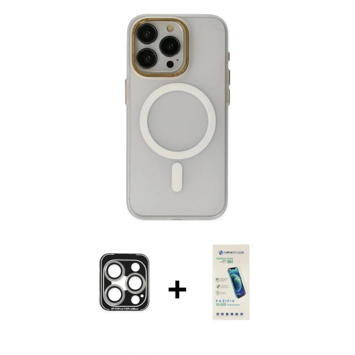 MARSİLYAN™- iPhone 15 Pro Max Kılıf Yadigar Işık - Şeffaf Pasifik Cam Ekran Koruyucu + PVD Metal Kamera Lens - GS