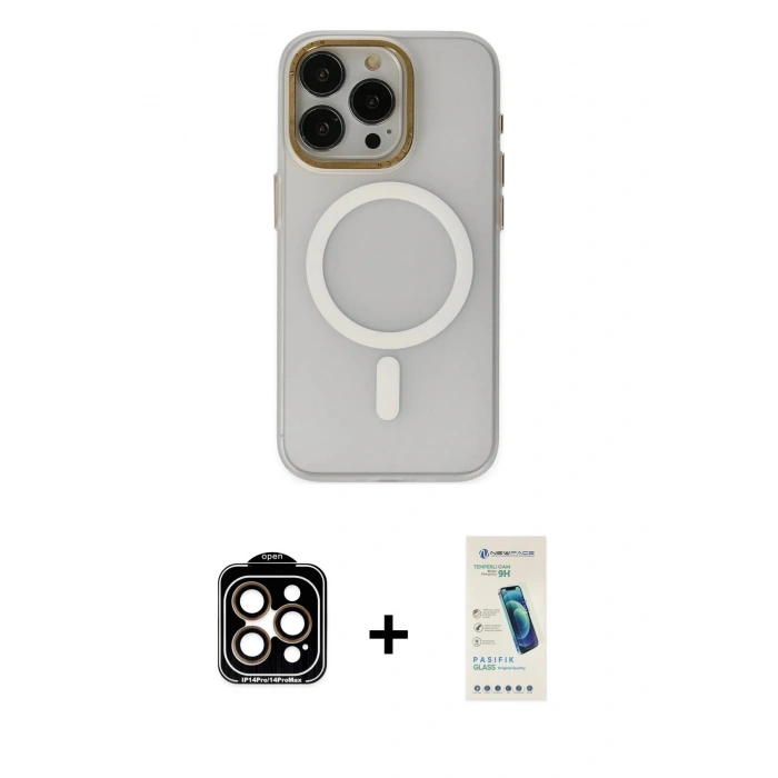 MARSİLYAN™- iPhone 15 Pro Max Kılıf Yadigar Işık - Şeffaf Pasifik Cam Ekran Koruyucu + PVD Metal Kamera Lens - TU