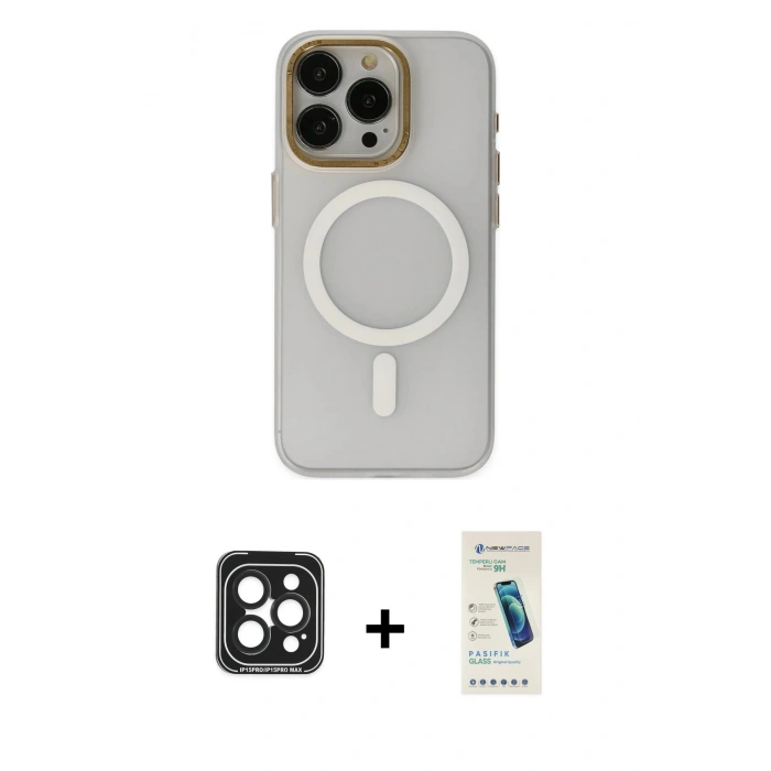 MARSİLYAN™- iPhone 15 Pro Max Kılıf Yadigar Işık - Şeffaf Pasifik Cam Ekran Koruyucu + PVD Metal Kamera Lens - SH