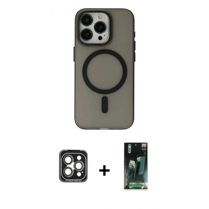 MARSİLYAN™- iPhone 15 Pro Max Kılıf Yadigar Işık - Siyah 360 Mat Full Body Arka Koruyucu + PVD Metal Kamera Lens - GI
