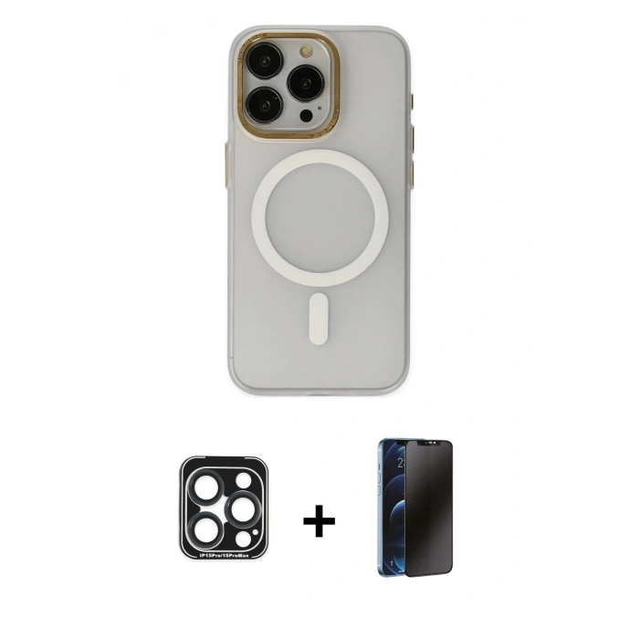 MARSİLYAN™- iPhone 15 Pro Max Kılıf Yadigar Işık - Siyah 3D Antistatik Hayalet Cam Ekran Koruyucu + PVD Metal Kamera Lens - LT
