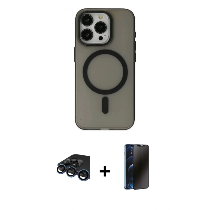 MARSİLYAN™- iPhone 15 Pro Max Kılıf Yadigar Işık - Siyah 3D Antistatik Hayalet Cam Ekran Koruyucu + Raze Metal Kamera Lens - LT