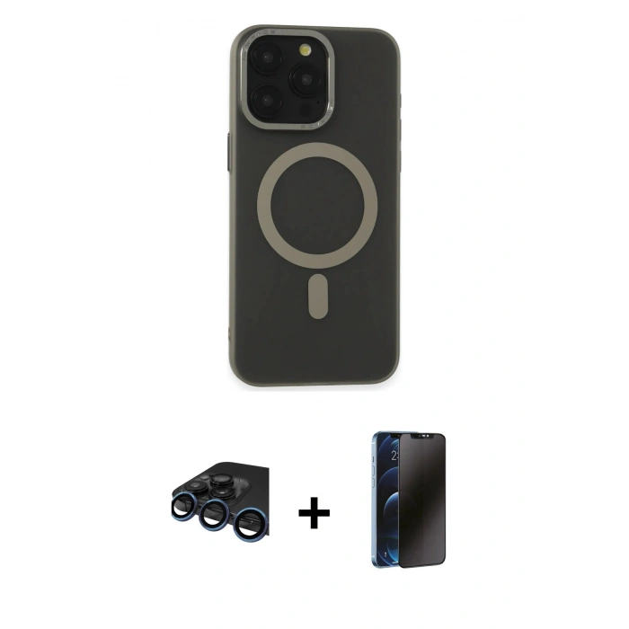 MARSİLYAN™- iPhone 15 Pro Max Kılıf Yadigar Işık - Siyah 3D Antistatik Hayalet Cam Ekran Koruyucu + Raze Metal Kamera Lens - LT