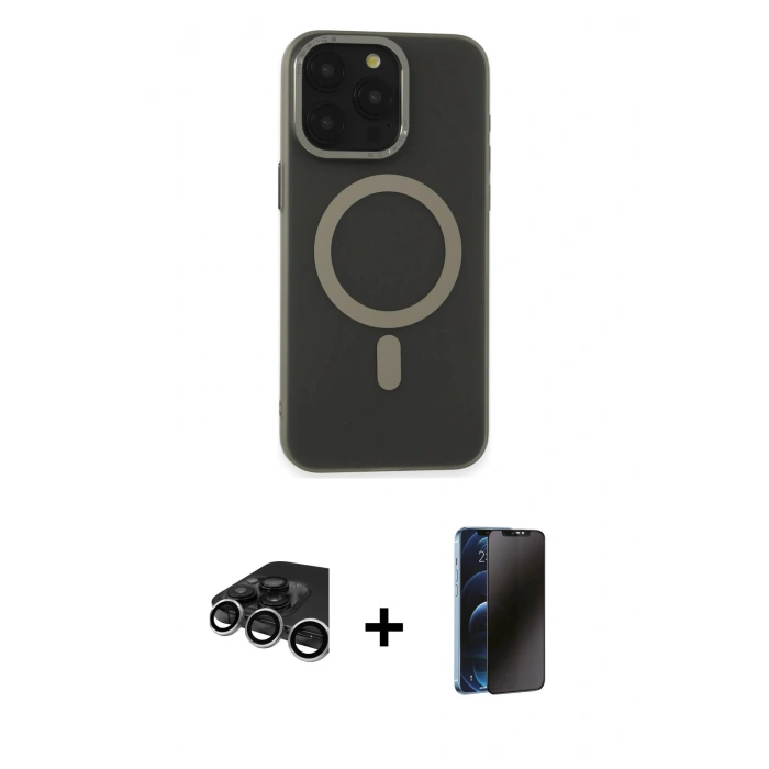 MARSİLYAN™- iPhone 15 Pro Max Kılıf Yadigar Işık - Siyah 3D Antistatik Hayalet Cam Ekran Koruyucu + Raze Metal Kamera Lens - GS