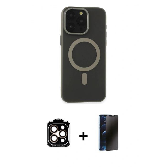 MARSİLYAN™- iPhone 15 Pro Max Kılıf Yadigar Işık - Siyah 3D Antistatik Hayalet Cam Ekran Koruyucu + PVD Metal Kamera Lens - TU