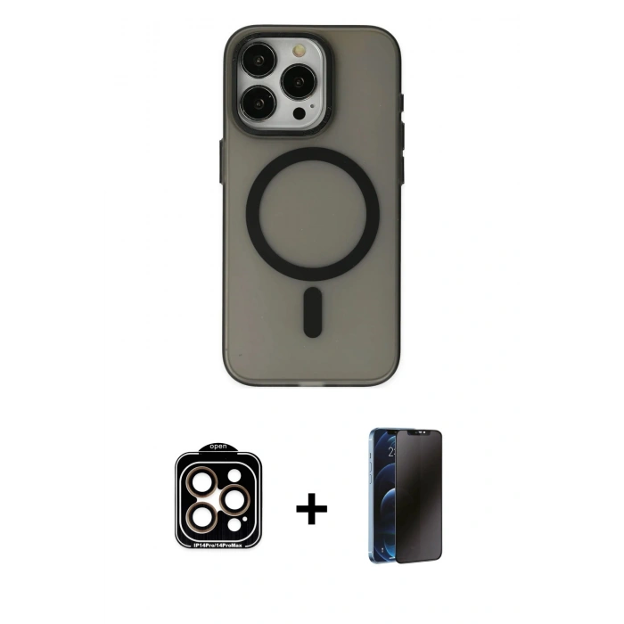 MARSİLYAN™- iPhone 15 Pro Max Kılıf Yadigar Işık - Siyah 3D Antistatik Hayalet Cam Ekran Koruyucu + PVD Metal Kamera Lens - TU