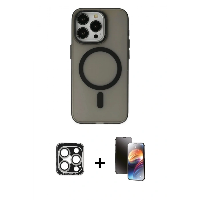 MARSİLYAN™- iPhone 15 Pro Max Kılıf Yadigar Işık - Siyah 3D Antistatik Mat Seramik Nano Ekran Koruyucu + PVD Metal Kamera Lens - GS
