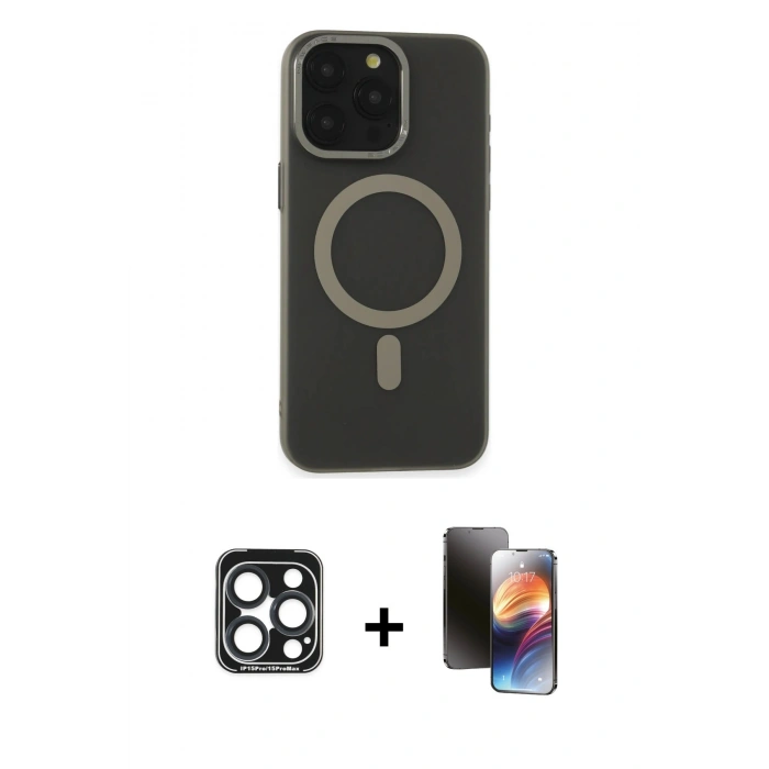 MARSİLYAN™- iPhone 15 Pro Max Kılıf Yadigar Işık - Siyah 3D Antistatik Mat Seramik Nano Ekran Koruyucu + PVD Metal Kamera Lens - LT