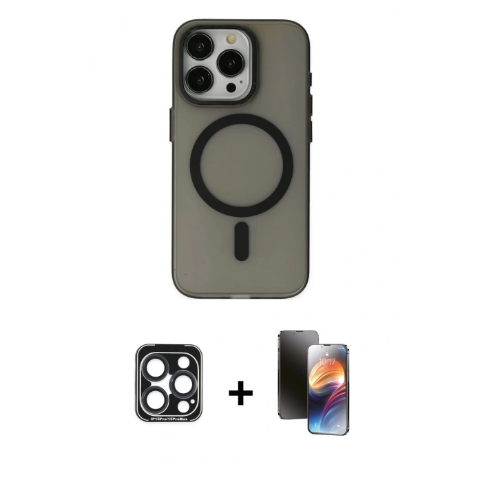 MARSİLYAN™- iPhone 15 Pro Max Kılıf Yadigar Işık - Siyah 3D Antistatik Mat Seramik Nano Ekran Koruyucu + PVD Metal Kamera Lens - LT