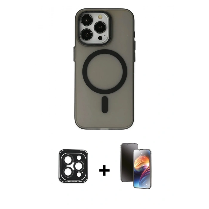MARSİLYAN™- iPhone 15 Pro Max Kılıf Yadigar Işık - Siyah 3D Antistatik Mat Seramik Nano Ekran Koruyucu + PVD Metal Kamera Lens - SH