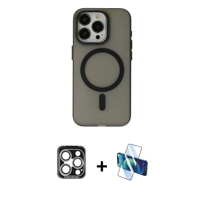 MARSİLYAN™- iPhone 15 Pro Max Kılıf Yadigar Işık - Siyah 3D Antistatik Seramik Nano Ekran Koruyucu + PVD Metal Kamera Lens - GS