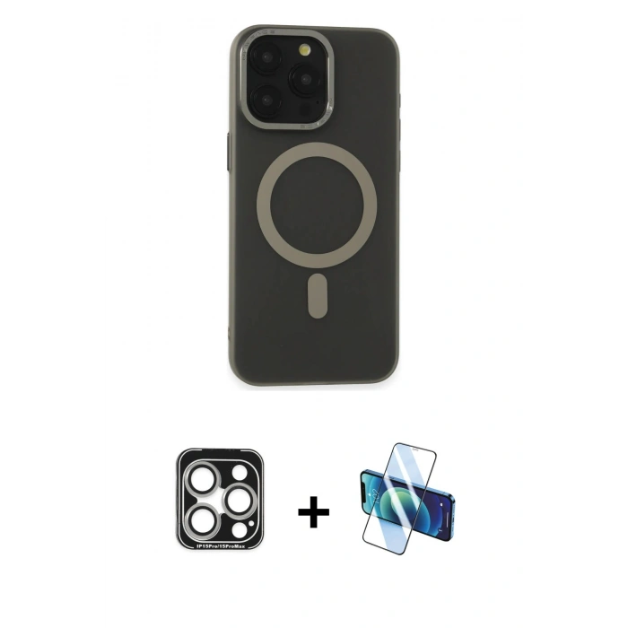 MARSİLYAN™- iPhone 15 Pro Max Kılıf Yadigar Işık - Siyah 3D Antistatik Seramik Nano Ekran Koruyucu + PVD Metal Kamera Lens - GS