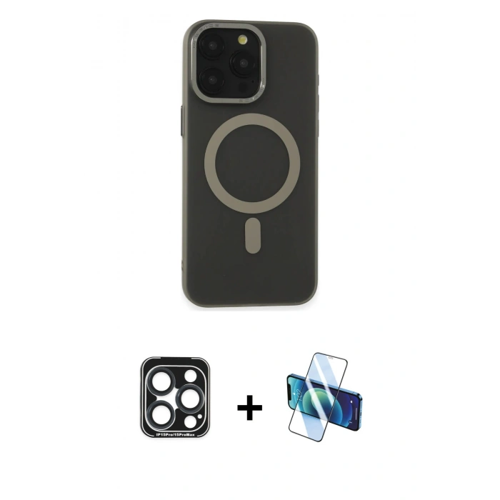 MARSİLYAN™- iPhone 15 Pro Max Kılıf Yadigar Işık - Siyah 3D Antistatik Seramik Nano Ekran Koruyucu + PVD Metal Kamera Lens - LT