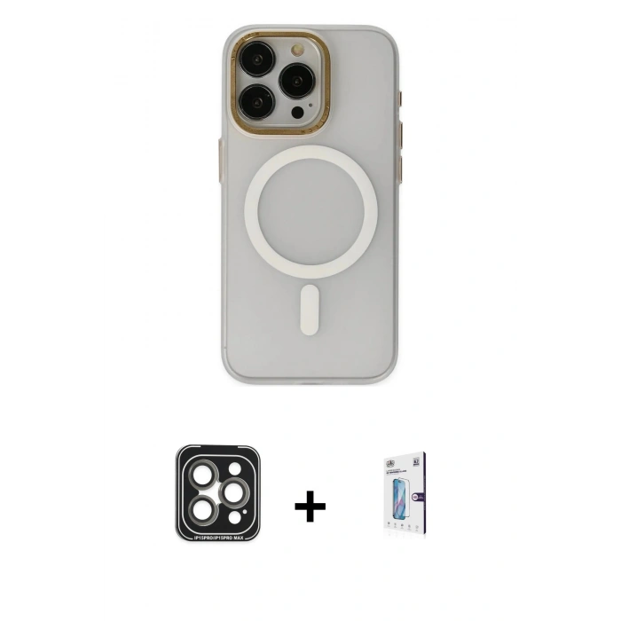 MARSİLYAN™- iPhone 15 Pro Max Kılıf Yadigar Işık - Siyah Bilvis 0.18mm Plus Cam Ekran Koruyucu + Gri PVD Metal Kamera Lens