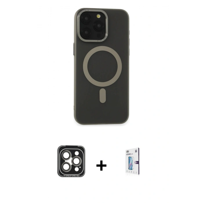 MARSİLYAN™- iPhone 15 Pro Max Kılıf Yadigar Işık - Siyah Bilvis 0.18mm Plus Cam Ekran Koruyucu + Gri PVD Metal Kamera Lens
