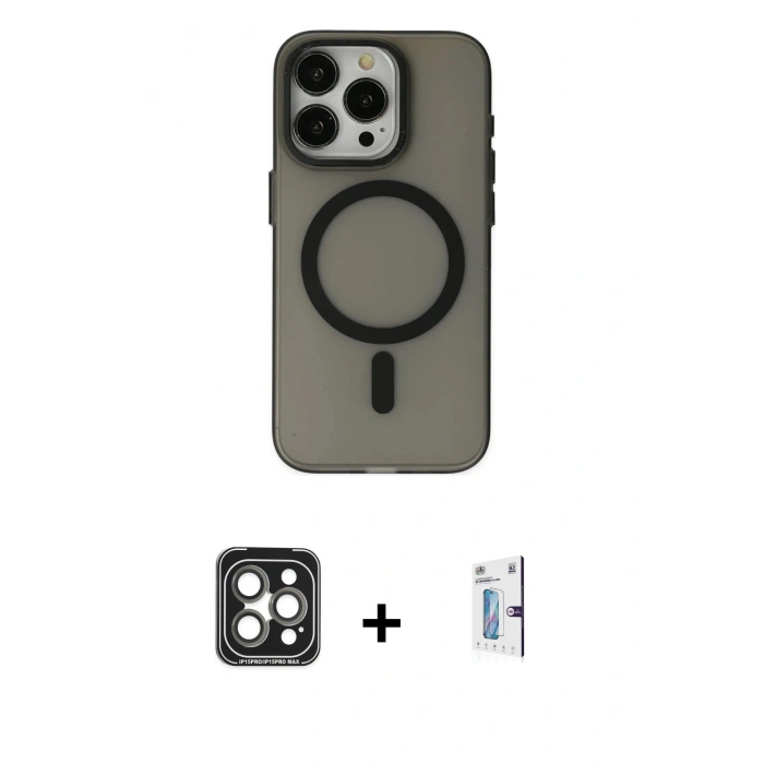MARSİLYAN™- iPhone 15 Pro Max Kılıf Yadigar Işık - Siyah Bilvis 0.18mm Plus Cam Ekran Koruyucu + Gri PVD Metal Kamera Lens