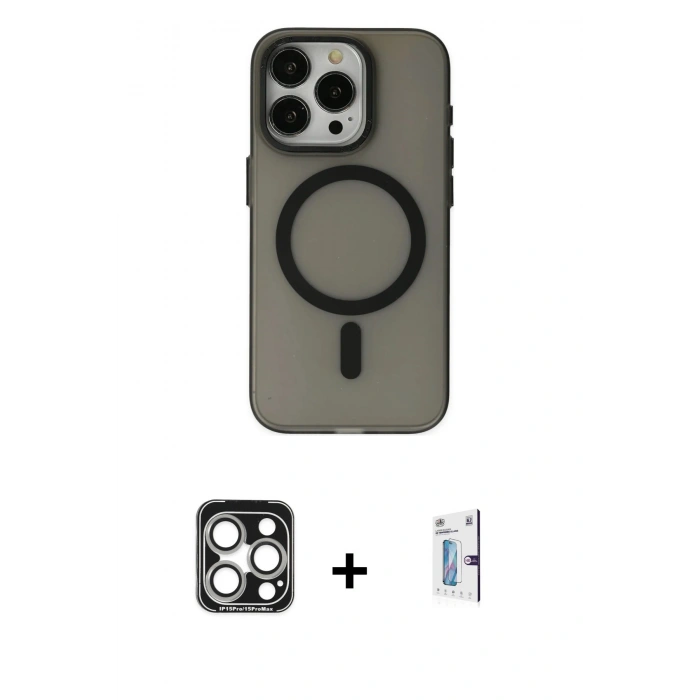 MARSİLYAN™- iPhone 15 Pro Max Kılıf Yadigar Işık - Siyah Bilvis 0.18mm Plus Cam Ekran Koruyucu + Gümüş PVD Metal Kamera Lens