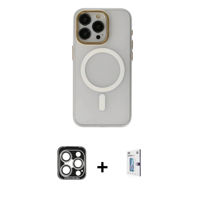 MARSİLYAN™- iPhone 15 Pro Max Kılıf Yadigar Işık - Siyah Bilvis 0.18mm Plus Cam Ekran Koruyucu + Gümüş PVD Metal Kamera Lens