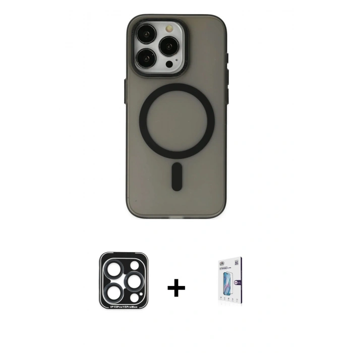 MARSİLYAN™- iPhone 15 Pro Max Kılıf Yadigar Işık - Siyah Bilvis 0.18mm Plus Cam Ekran Koruyucu + PVD Metal Kamera Lens - LT