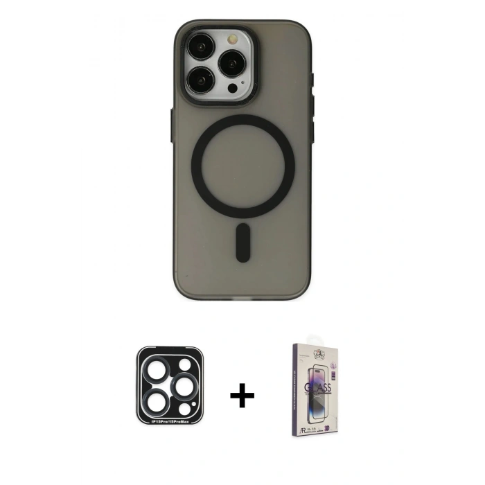 MARSİLYAN™- iPhone 15 Pro Max Kılıf Yadigar Işık - Siyah Bilvis 3D Cam Ekran Koruyucu + PVD Metal Kamera Lens - LT