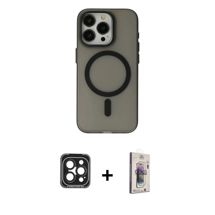 MARSİLYAN™- iPhone 15 Pro Max Kılıf Yadigar Işık - Siyah Bilvis 3D Cam Ekran Koruyucu + PVD Metal Kamera Lens - SH