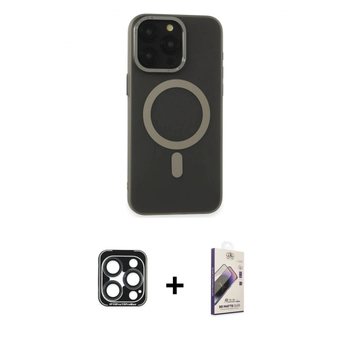 MARSİLYAN™- iPhone 15 Pro Max Kılıf Yadigar Işık - Siyah Bilvis 3D Mat Cam Ekran Koruyucu + PVD Metal Kamera Lens - LT