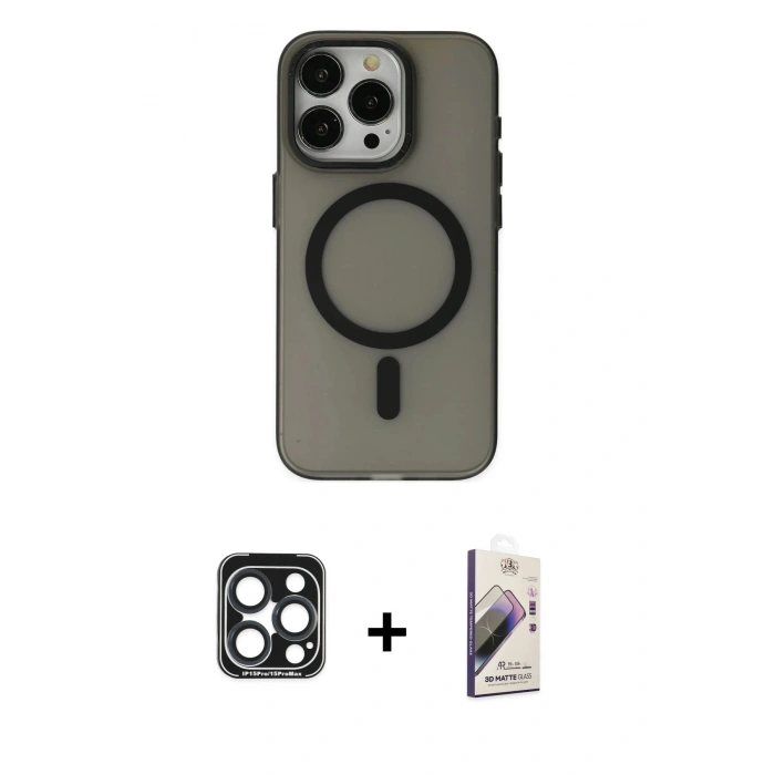 MARSİLYAN™- iPhone 15 Pro Max Kılıf Yadigar Işık - Siyah Bilvis 3D Mat Cam Ekran Koruyucu + PVD Metal Kamera Lens - LT