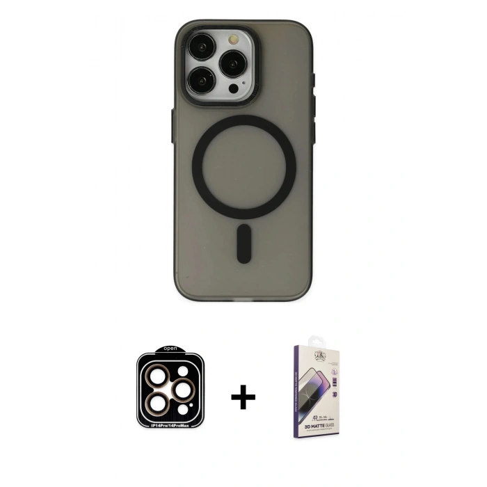 MARSİLYAN™- iPhone 15 Pro Max Kılıf Yadigar Işık - Siyah Bilvis 3D Mat Cam Ekran Koruyucu + PVD Metal Kamera Lens - TU