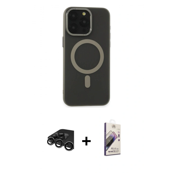 MARSİLYAN™- iPhone 15 Pro Max Kılıf Yadigar Işık - Siyah Bilvis 3D Mat Cam Ekran Koruyucu + Raze Metal Kamera Lens - TMGI