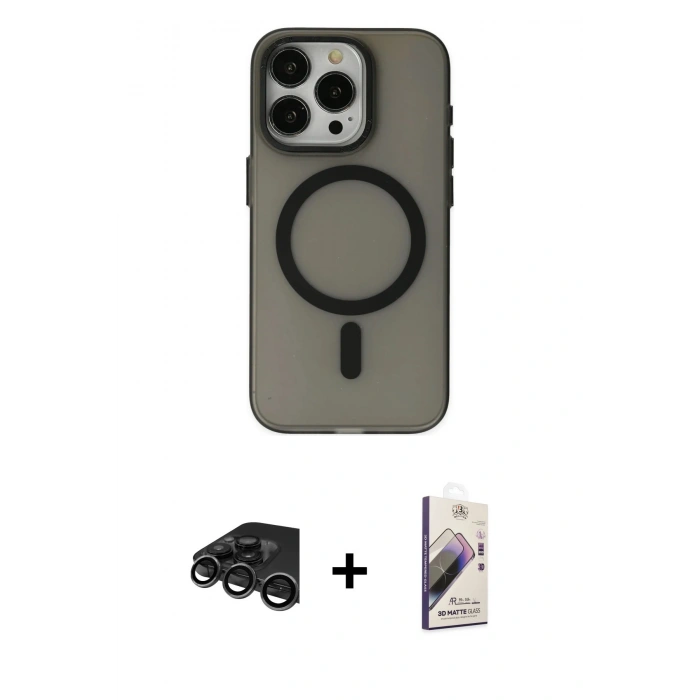 MARSİLYAN™- iPhone 15 Pro Max Kılıf Yadigar Işık - Siyah Bilvis 3D Mat Cam Ekran Koruyucu + Raze Metal Kamera Lens - TMGI