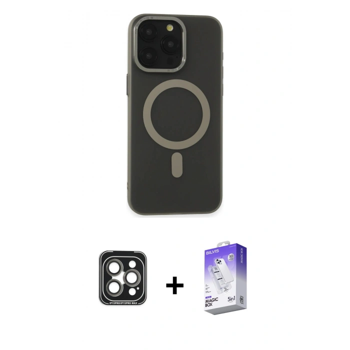 MARSİLYAN™- iPhone 15 Pro Max Kılıf Yadigar Işık - Siyah Bilvis 5in1 3D Magic Cam Ekran Koruyucu + Gri PVD Metal Kamera Lens
