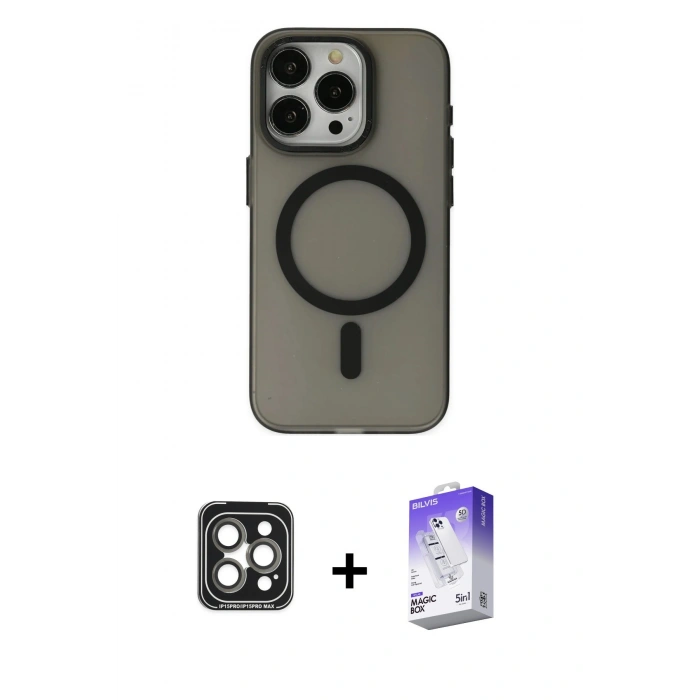 MARSİLYAN™- iPhone 15 Pro Max Kılıf Yadigar Işık - Siyah Bilvis 5in1 3D Magic Cam Ekran Koruyucu + Gri PVD Metal Kamera Lens