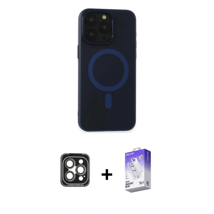 MARSİLYAN™- iPhone 15 Pro Max Kılıf Yadigar Işık - Siyah Bilvis 5in1 3D Magic Cam Ekran Koruyucu + Gri PVD Metal Kamera Lens