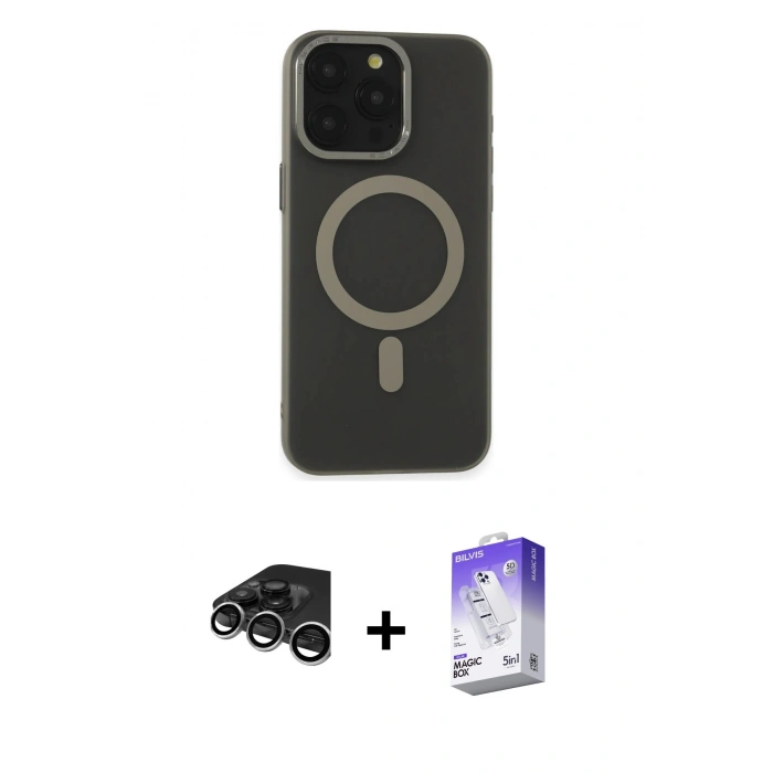 MARSİLYAN™- iPhone 15 Pro Max Kılıf Yadigar Işık - Siyah Bilvis 5in1 3D Magic Cam Ekran Koruyucu + Raze Metal Kamera Lens - GS